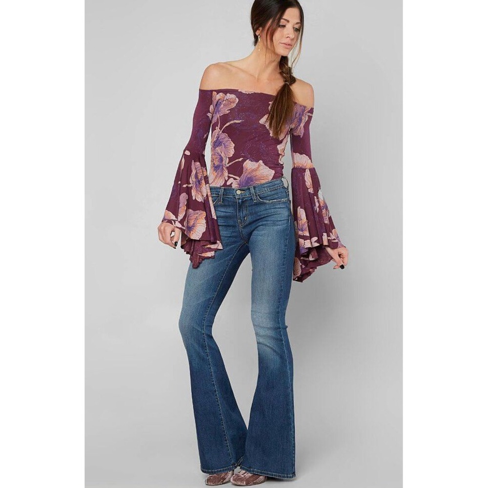 Free People Birds of Paradise Top Bell Sleeve Floral Mauve Purple Small S NWT